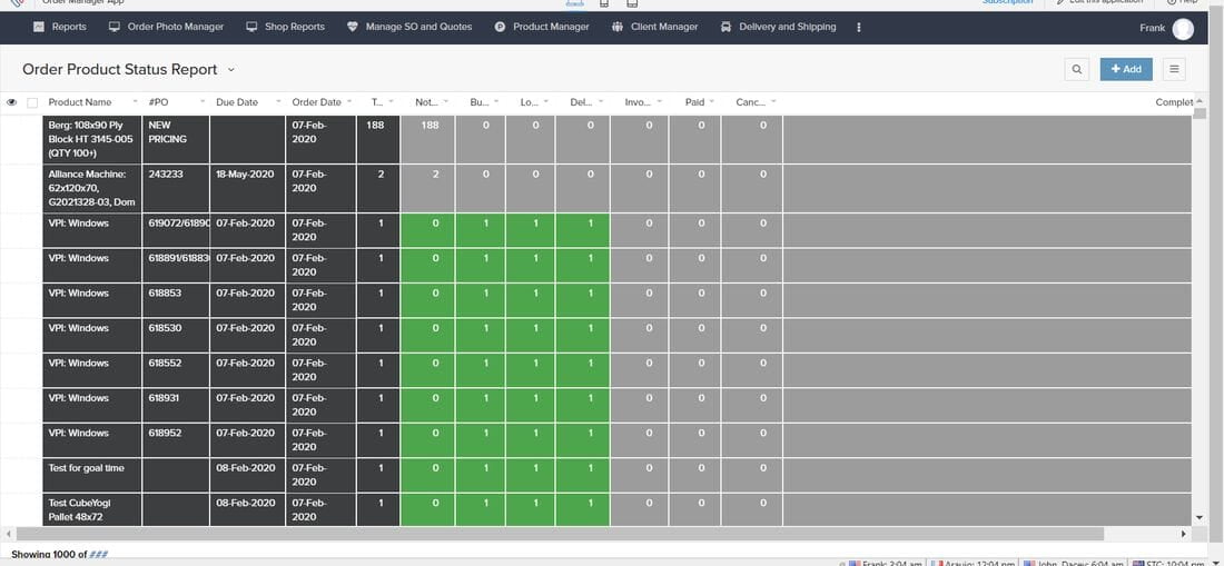 Order product status report with color-coded build and delivery stages